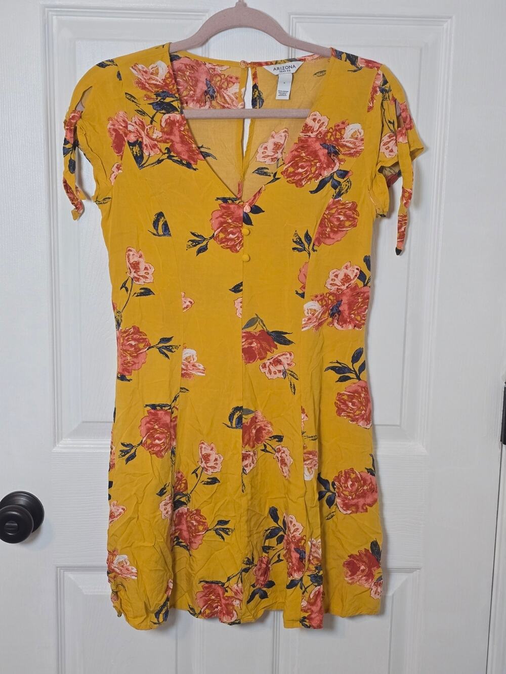 Arizona Jean Co Yellow Floral Rayon Dress Short Sleeve V Neck Small Y2k 90s